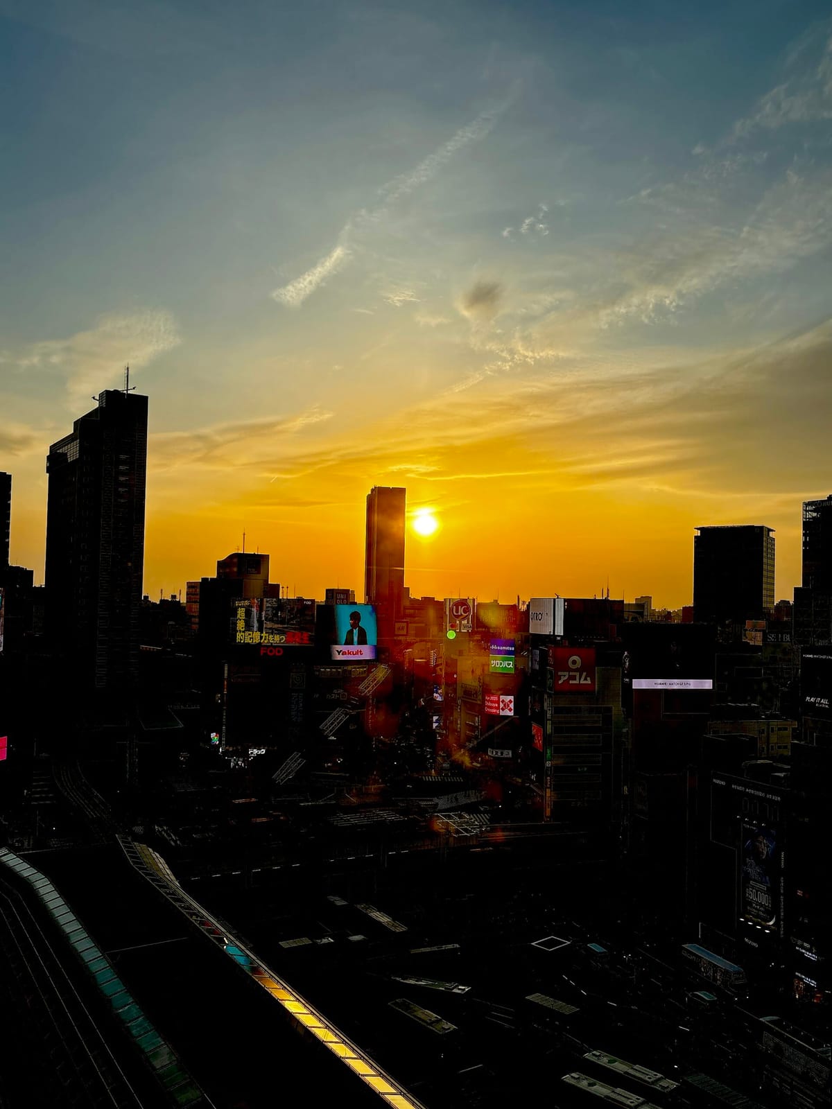 恐竜と都会と夕日